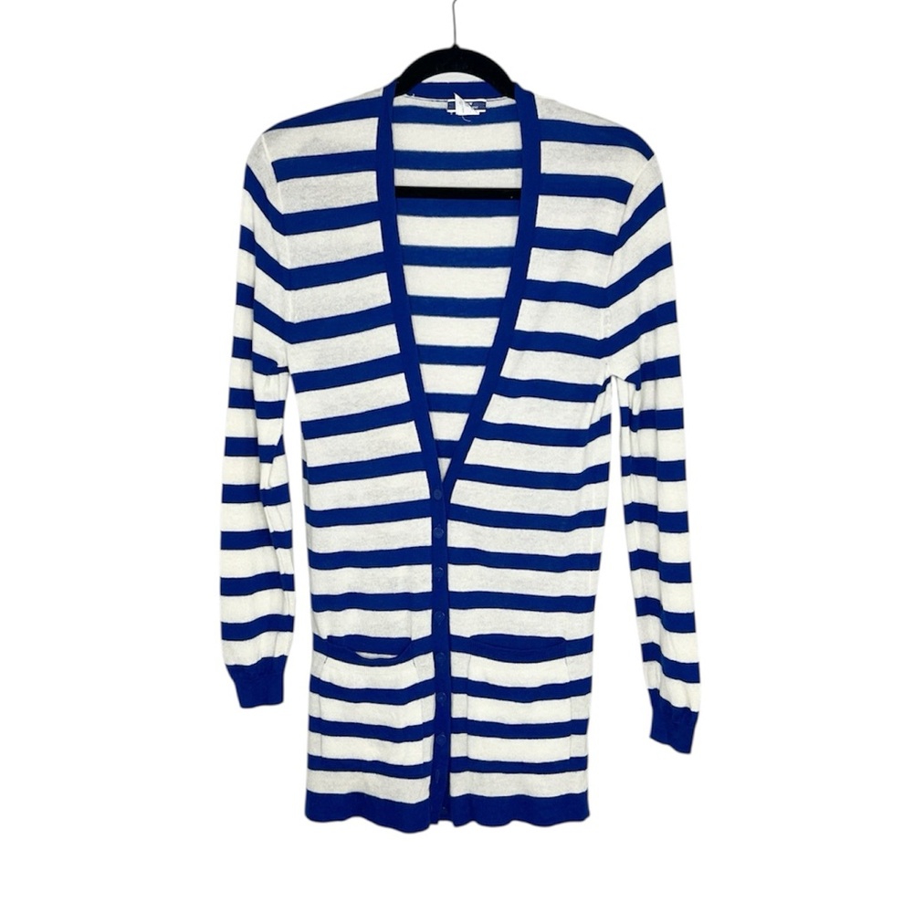 J. Crew 100% Cashmere Nautical blue and white stripe cardigan size Medium - Picture 13 of 13